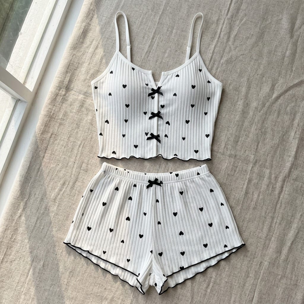 The Viola Ribbed Cami Set in Mini Hearts, laid flat on linen