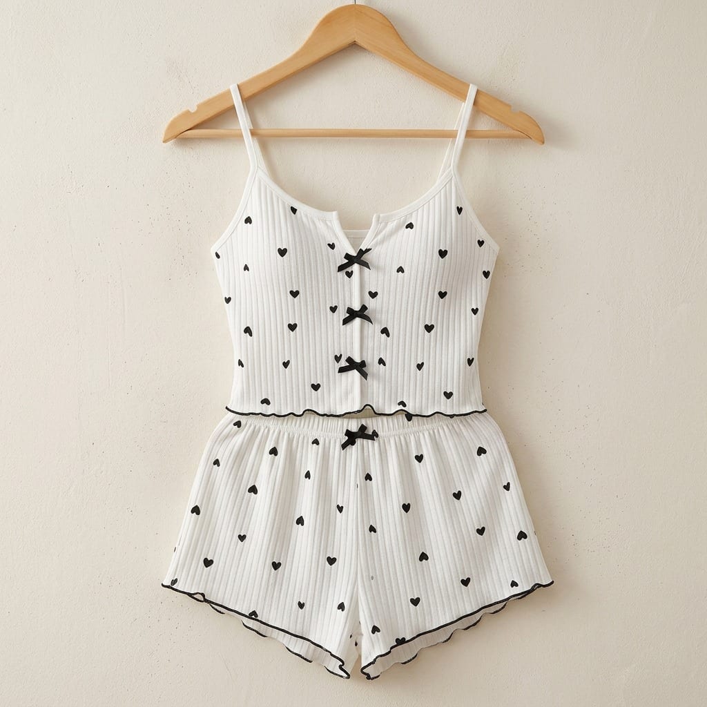 The Viola Ribbed Cami Set in Mini Hearts, on a wooden hanger