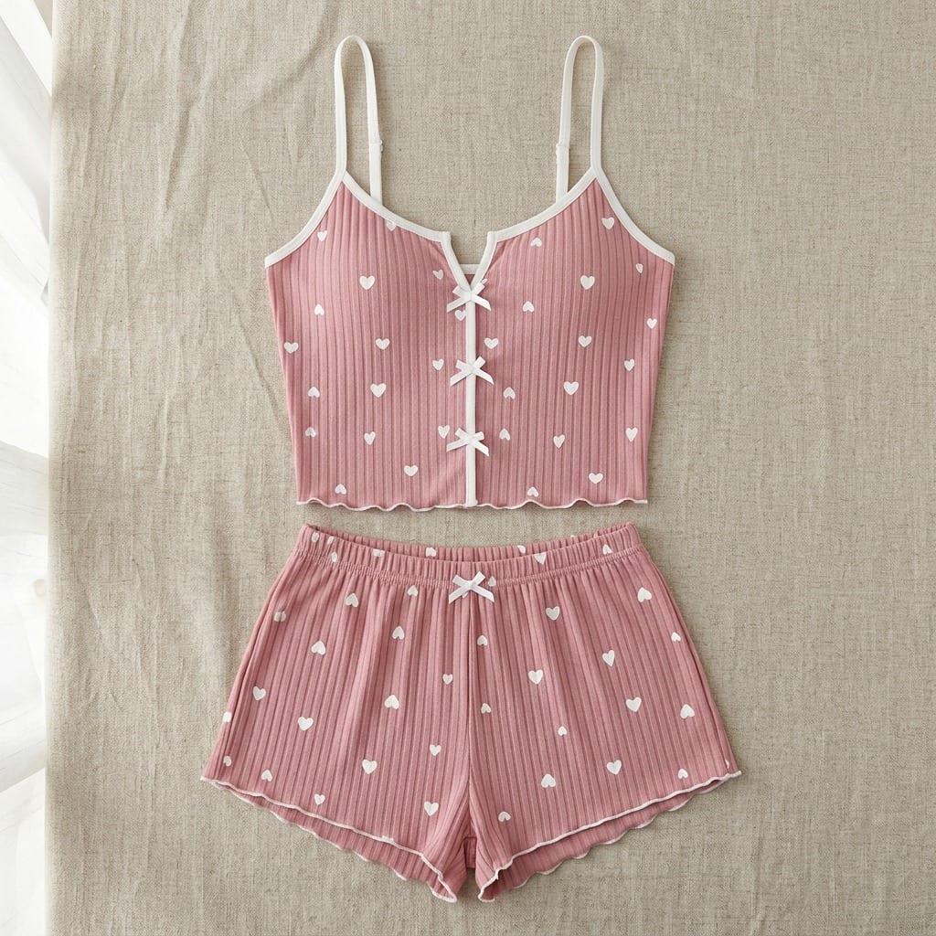 The Viola Ribbed Cami Set in Mini Hearts in Pink, laid flat on linen