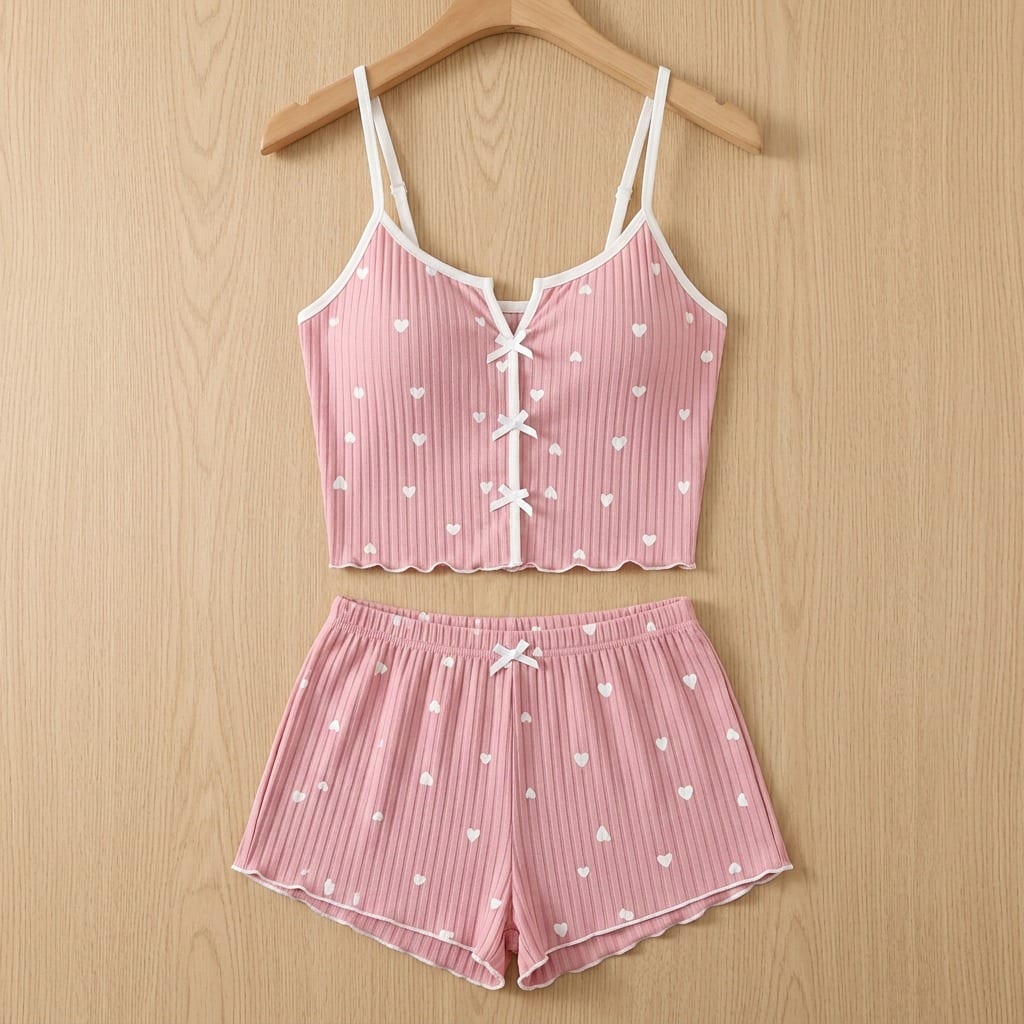 The Viola Ribbed Cami Set in Mini Hearts in Pink, on a wooden hanger
