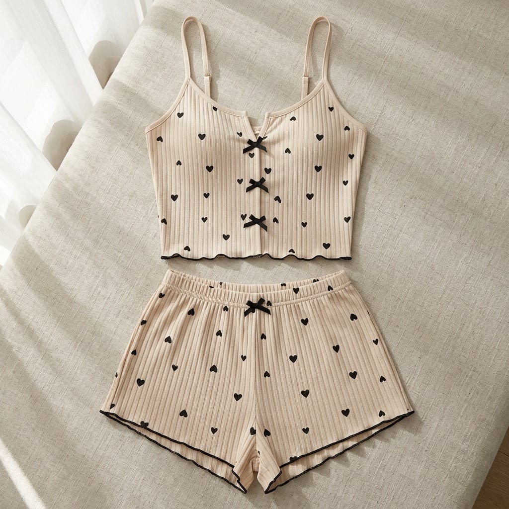 The Viola Ribbed Cami Set in Mini Hearts in Sand, laid flat on linen