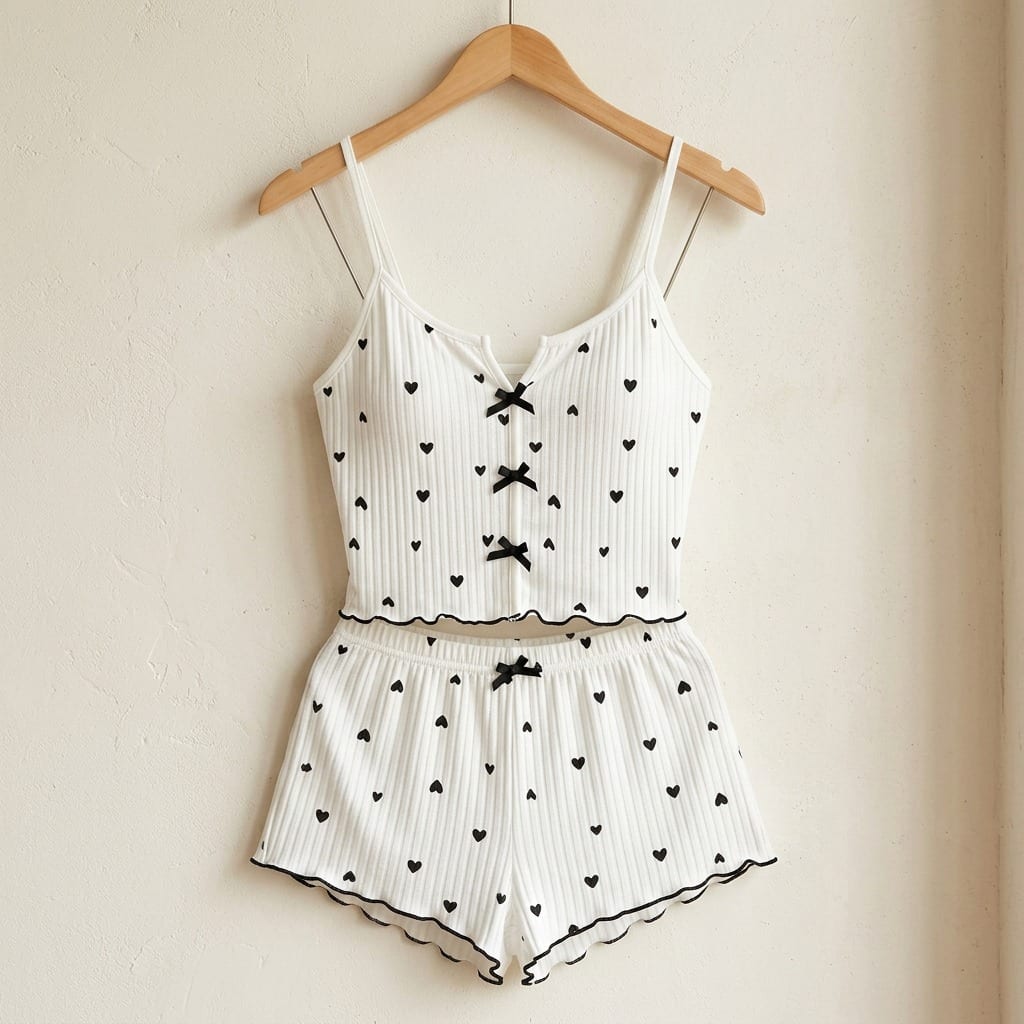 The Viola Ribbed Cami Set in Mini Hearts in Sand, on a wooden hanger