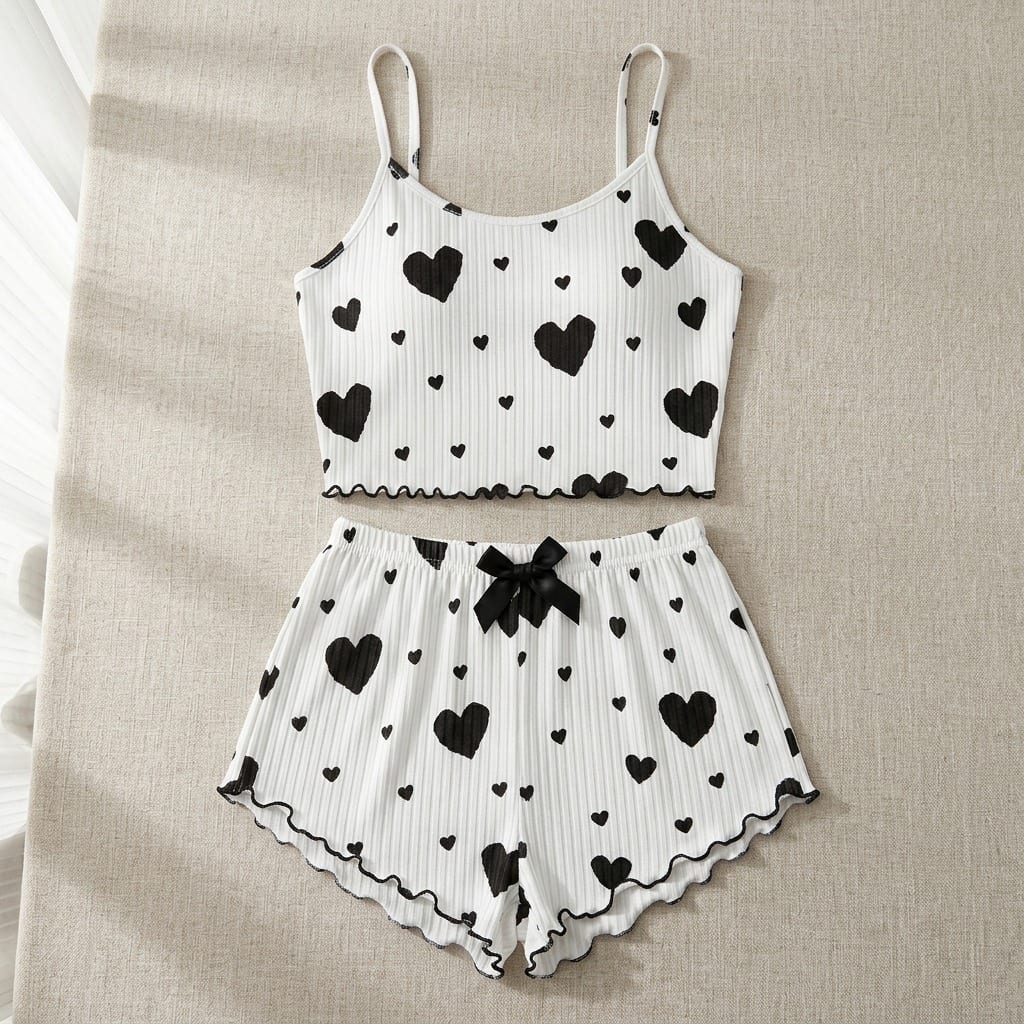 The Viola Ribbed Cami Set in Red Hearts in Black Hearts, laid flat on linen