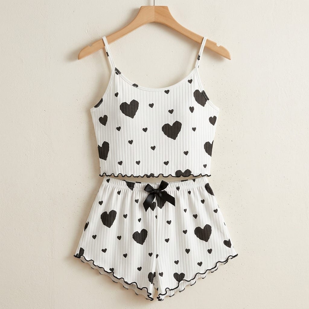 The Viola Ribbed Cami Set in Red Hearts in Black Hearts, on a wooden hanger