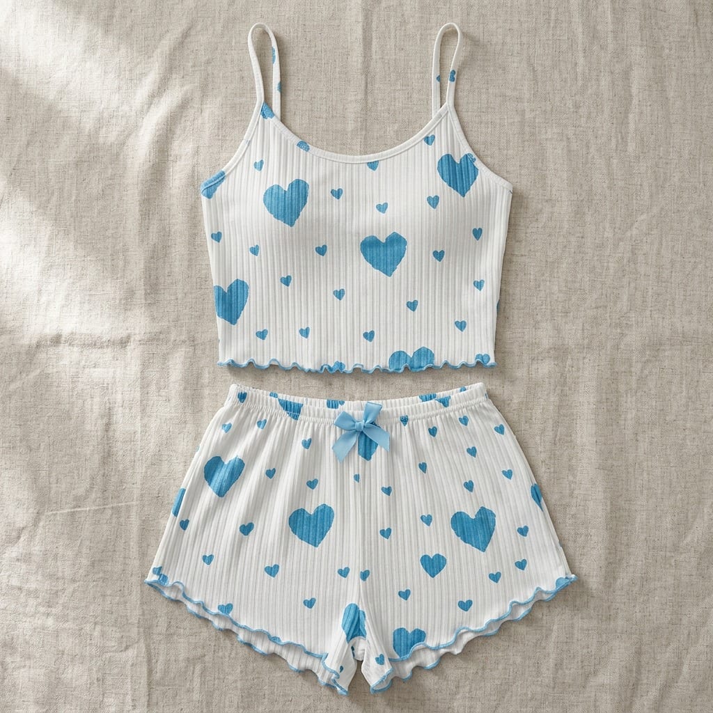 The Viola Ribbed Cami Set in Red Hearts in Blue Hearts, laid flat on linen