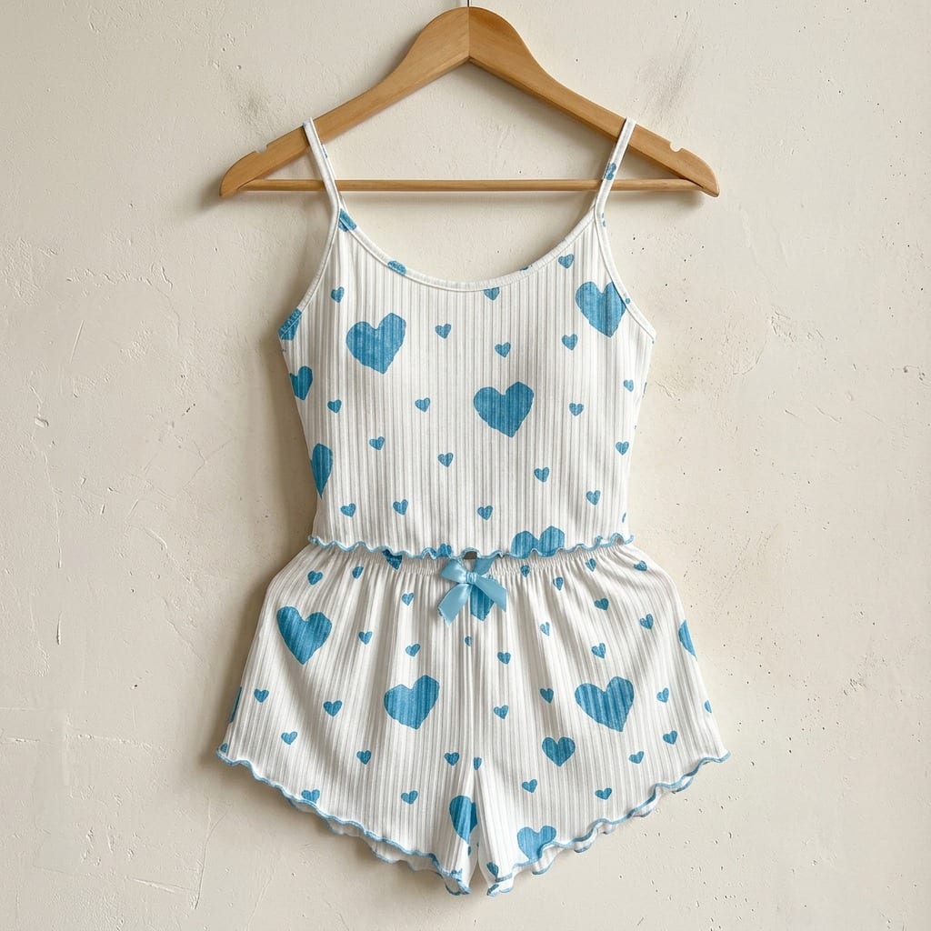The Viola Ribbed Cami Set in Red Hearts in Blue Hearts, on a wooden hanger
