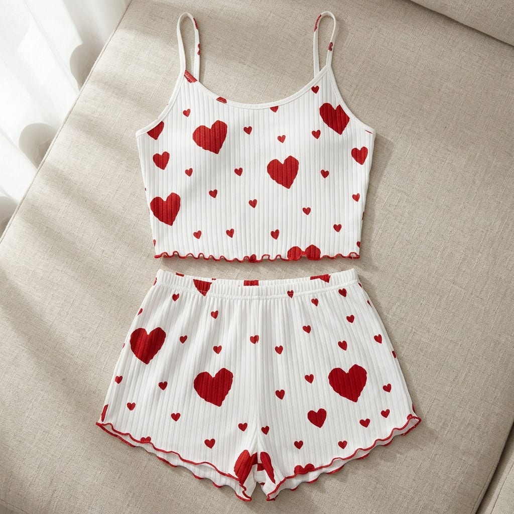 The Viola Ribbed Cami Set in Red Hearts, laid flat on linen