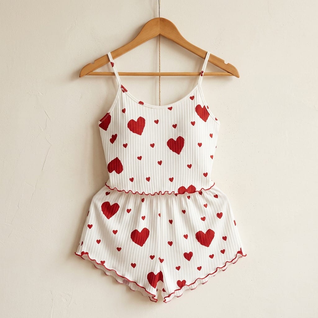 The Viola Ribbed Cami Set in Red Hearts, on a wooden hanger