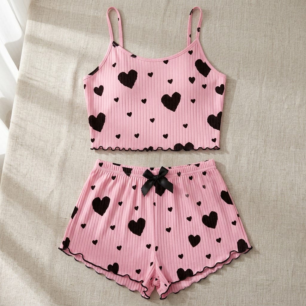 The Viola Ribbed Cami Set in Red Hearts in Pink Hearts, laid flat on linen