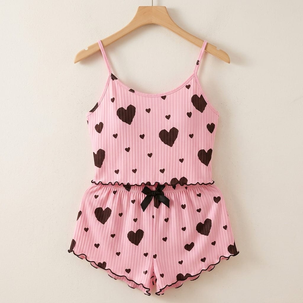 The Viola Ribbed Cami Set in Red Hearts in Pink Hearts, on a wooden hanger