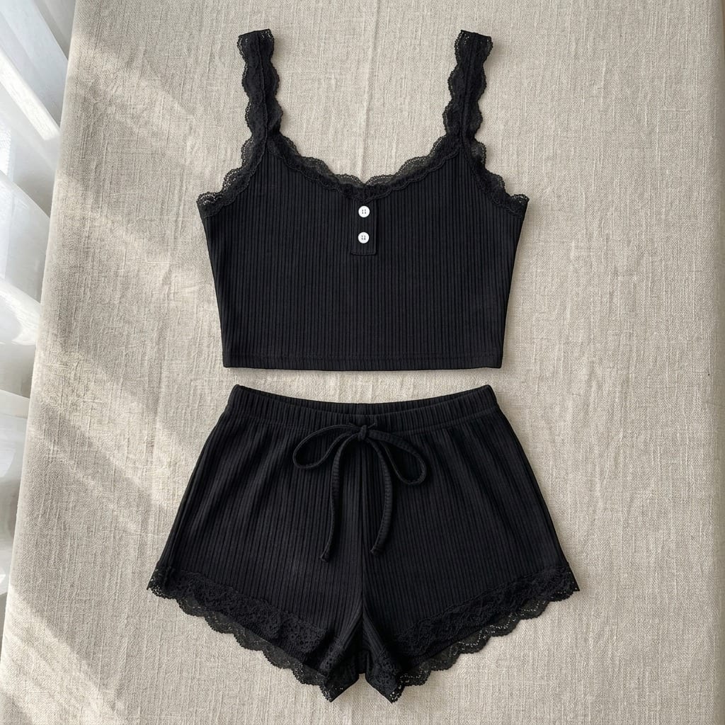 The Viola Ribbed Lace Cami Set in Black, laid flat on linen