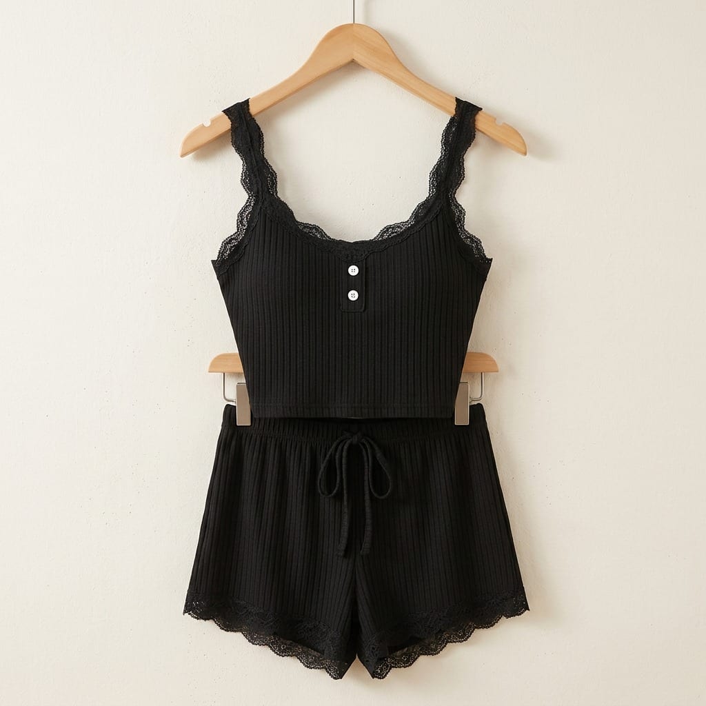 The Viola Ribbed Lace Cami Set in Black, on a wooden hanger
