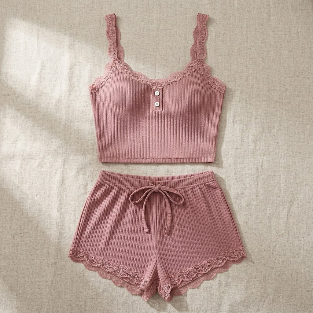 The Viola Ribbed Lace Cami Set, laid flat on linen