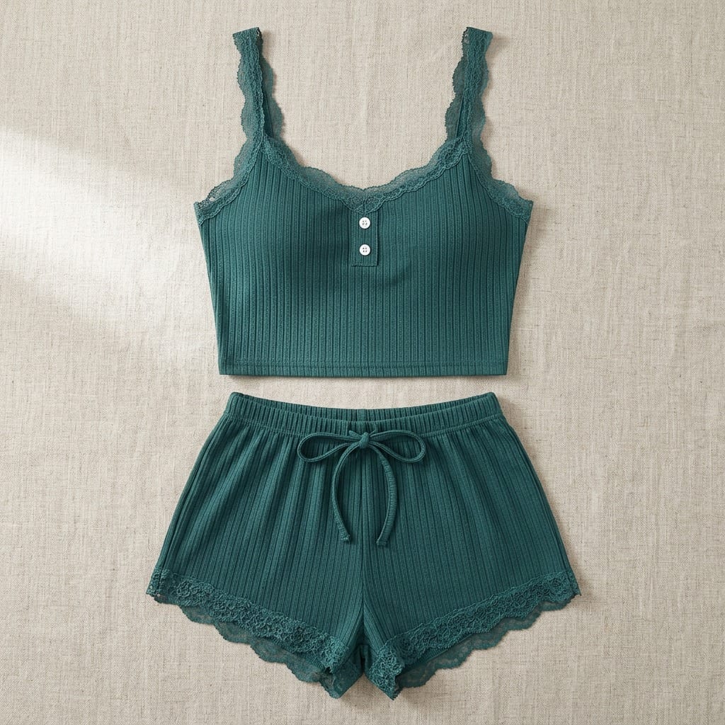 The Viola Ribbed Lace Cami Set in Forest Green, laid flat on linen