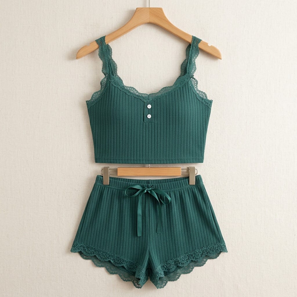 The Viola Ribbed Lace Cami Set in Forest Green, on a wooden hanger