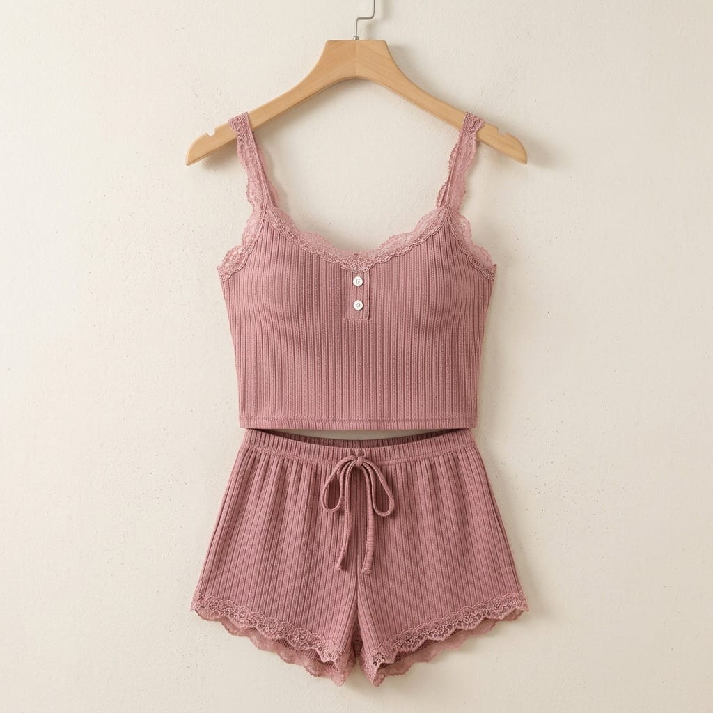 The Viola Ribbed Lace Cami Set, on a wooden hanger