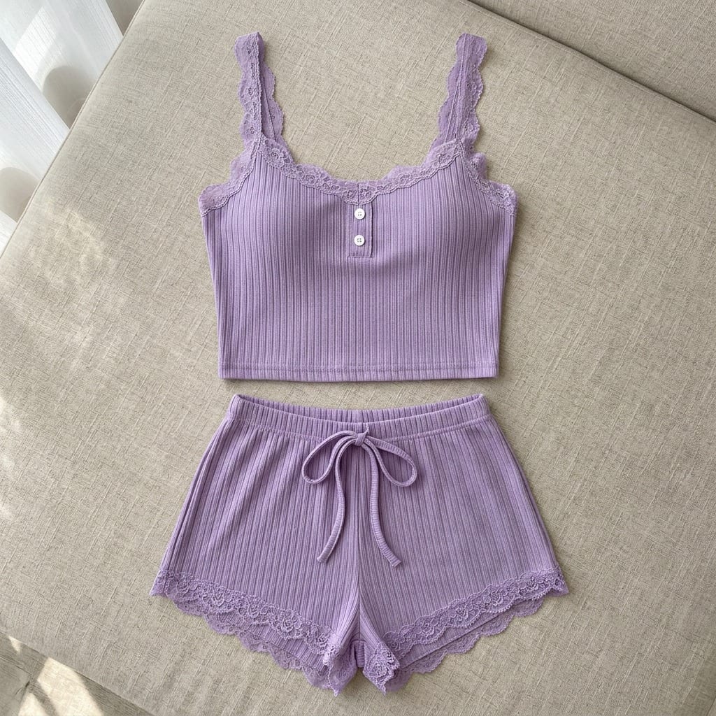 The Viola Ribbed Lace Cami Set in Lilac, laid flat on linen