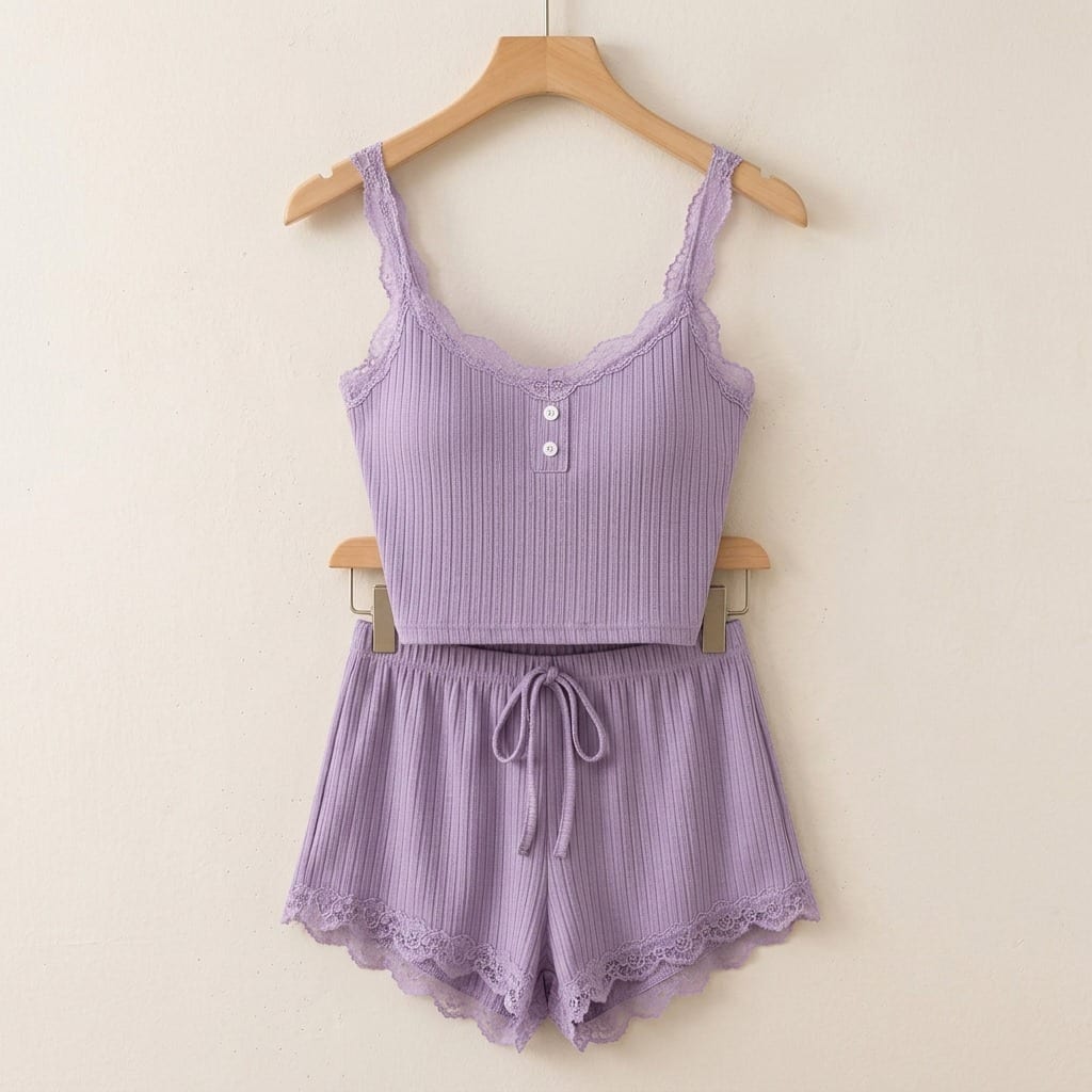 The Viola Ribbed Lace Cami Set in Lilac, on a wooden hanger