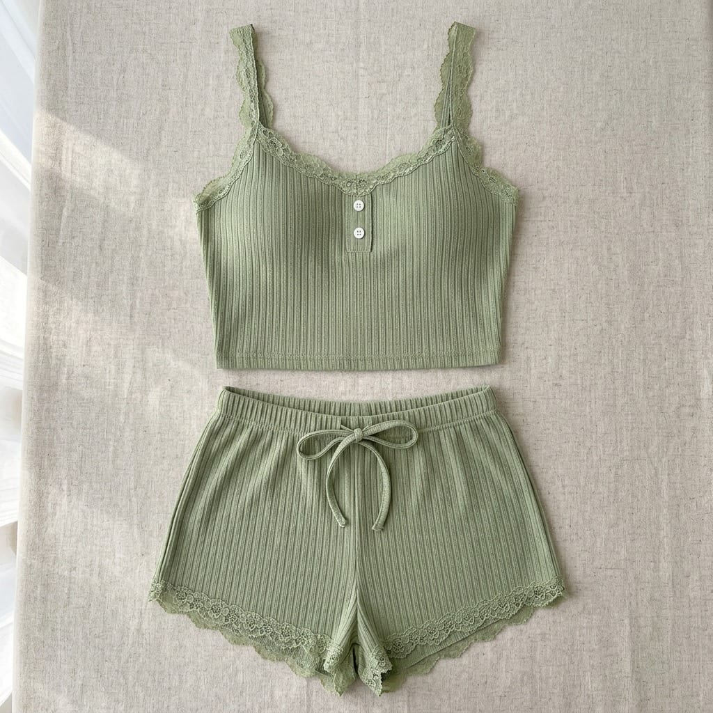 The Viola Ribbed Lace Cami Set in Mustard Green, laid flat on linen