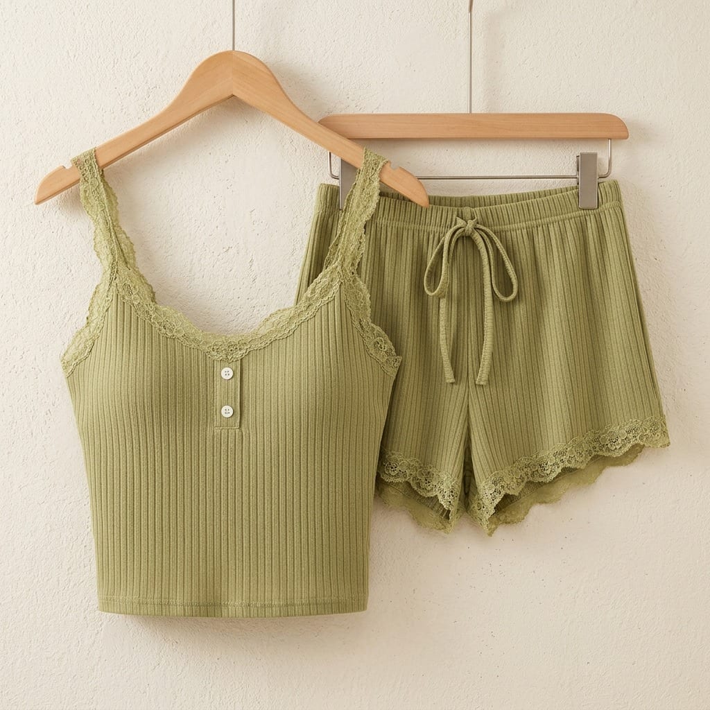 The Viola Ribbed Lace Cami Set in Mustard Green, on a wooden hanger