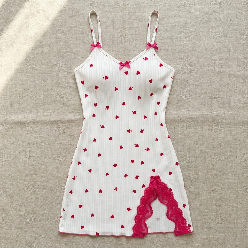 The Viola Ribbed Lace Nightgown, laid flat on linen