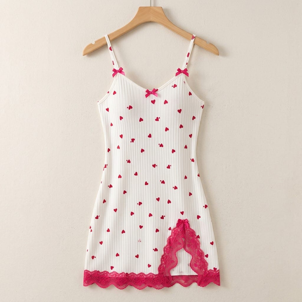 The Viola Ribbed Lace Nightgown, on a wooden hanger