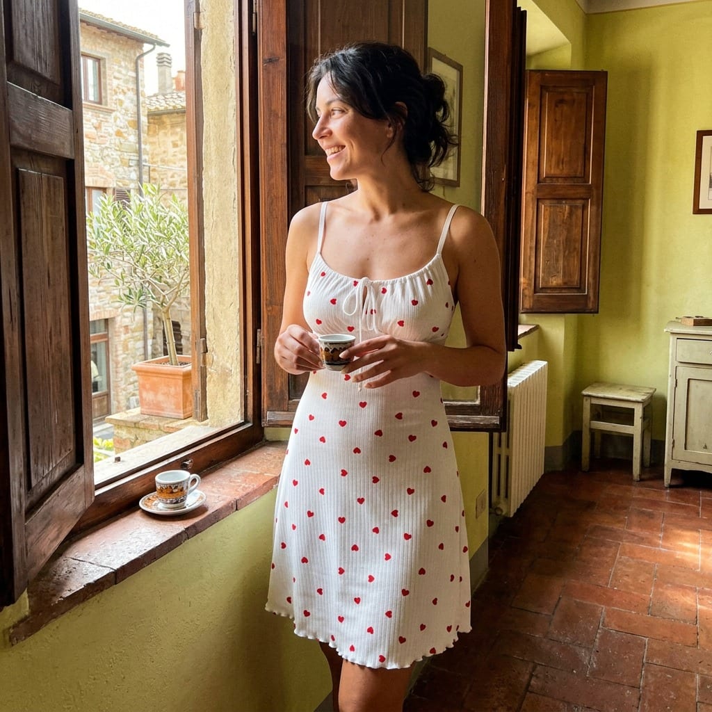 The Viola Ribbed Nightgown, worn in the morning at an open window
