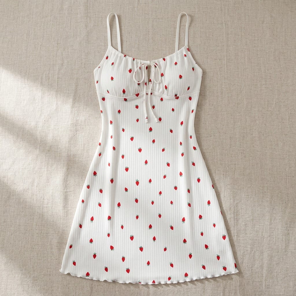 The Viola Ribbed Nightgown in Strawberry, laid flat on linen