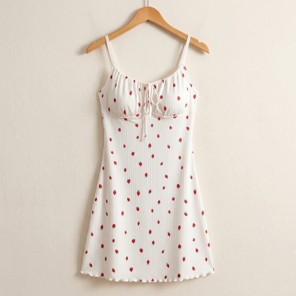 The Viola Ribbed Nightgown in Strawberry, on a wooden hanger