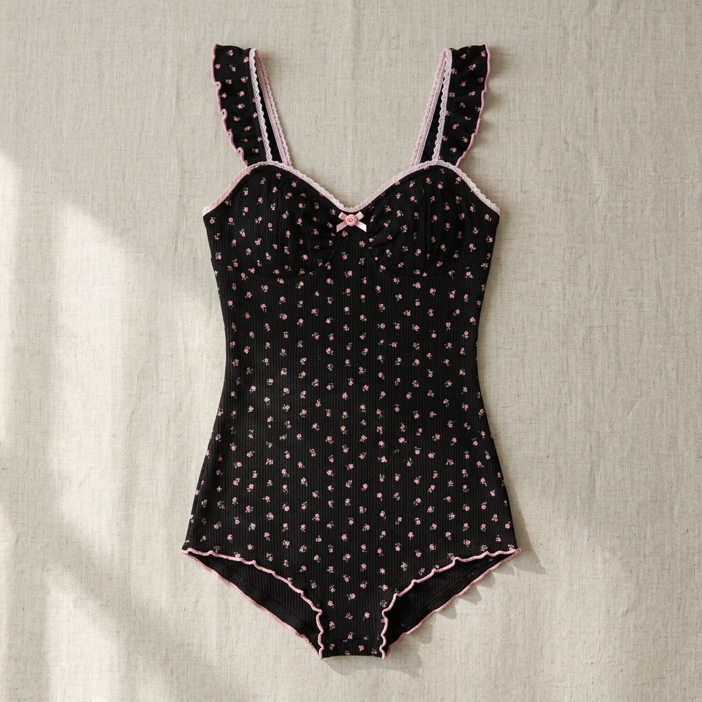 The Viola Ribbed Sleep Romper in Black Floral, laid flat on linen