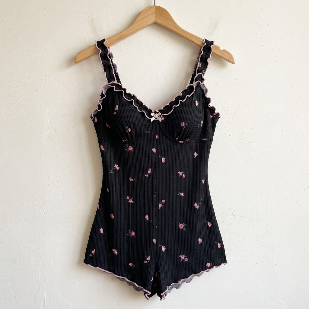 The Viola Ribbed Sleep Romper in Black Floral, on a wooden hanger