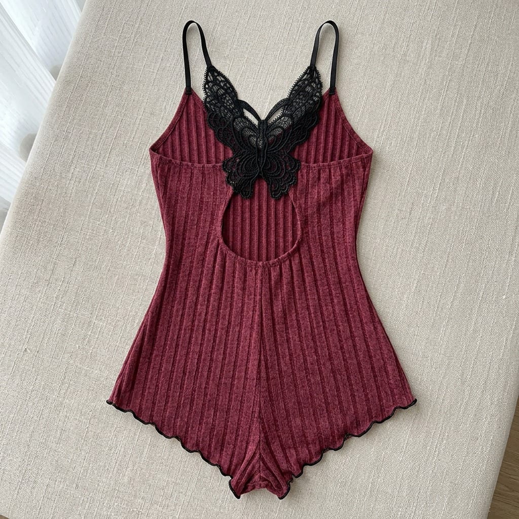 The Viola Ribbed Sleep Romper in Burgundy, laid flat on linen