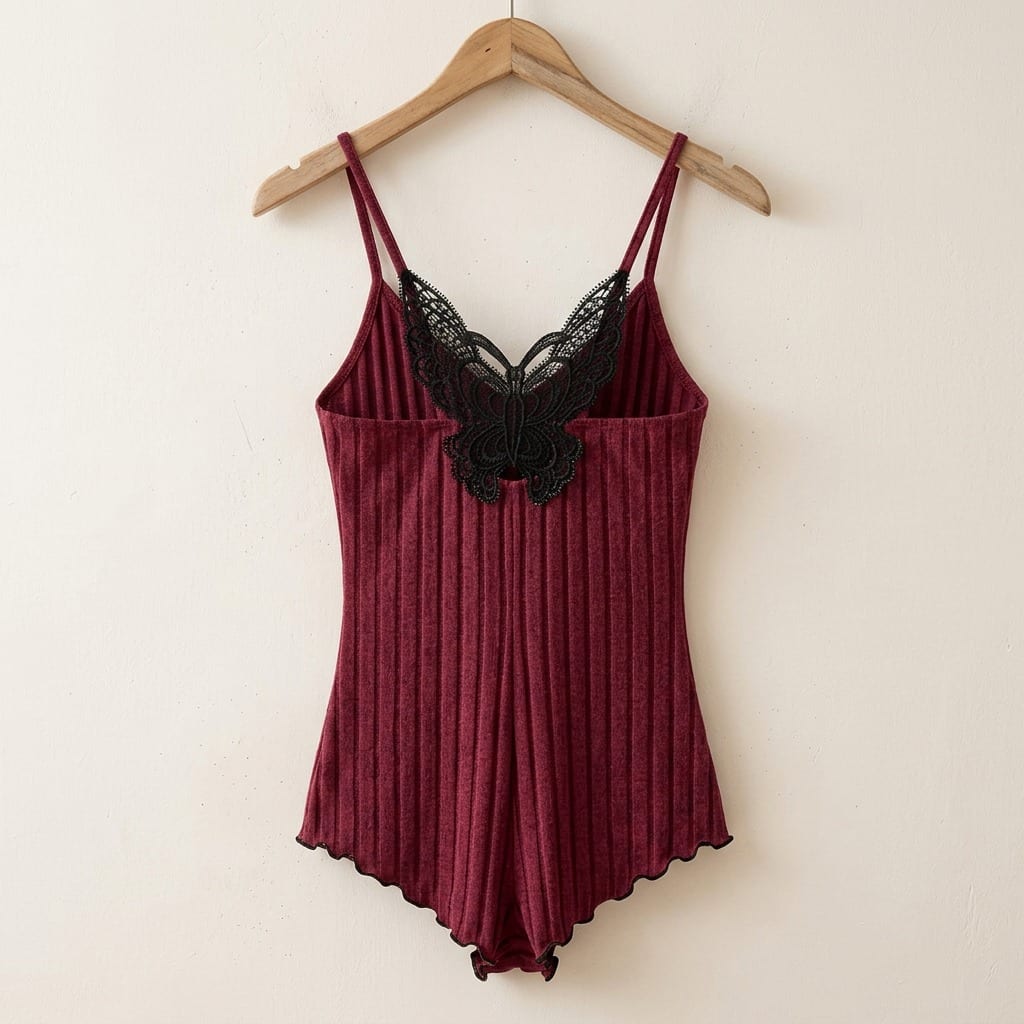 The Viola Ribbed Sleep Romper in Burgundy, on a wooden hanger