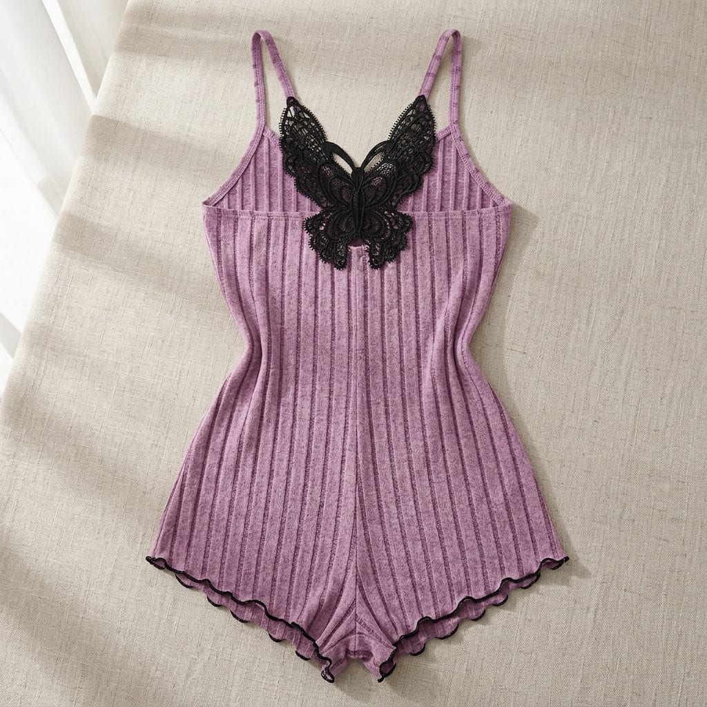 The Viola Ribbed Sleep Romper in Burgundy in Purple, laid flat on linen