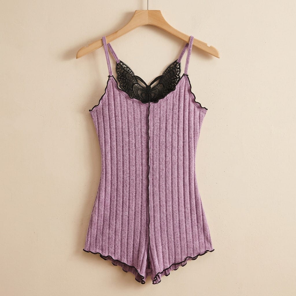 The Viola Ribbed Sleep Romper in Burgundy in Purple, on a wooden hanger
